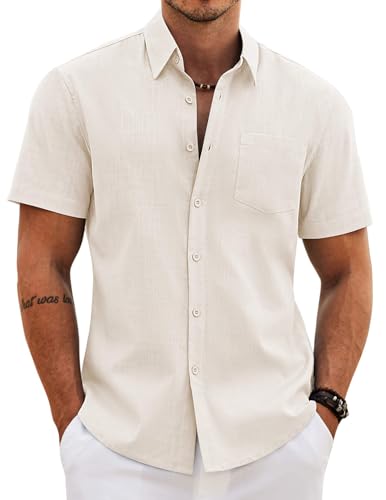 Image of COOFANDY Men's Button Down Short Sleeve Shirt Casual Cotton Summer Beach Wedding Linen Shirts with Pocket