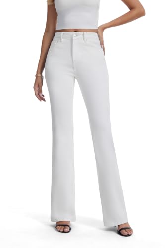 FLYING BANANA Women's High Rise Wide Leg Baggy Stretchy Loose Flare Bell Bottom Denim Jeans (Off-White, 8 Short)