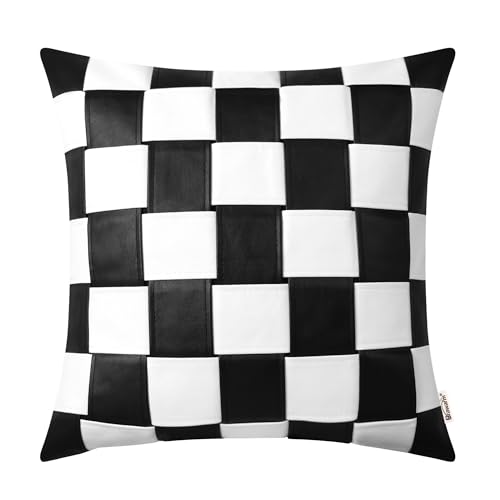 BRAWARM Faux Leather Throw Pillow Covers 18 X 18 Inches - Black and White Leather Pillow Cover, Hand Woven Leather Decorative Pillow Cover for Couch Sofa Bed Living Room Home Garden