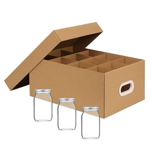 5 Pack Mason Jar Storage Boxes with Dividers and Handles, Cardboard Mason Jar Storage Containers Fits 32 oz Jars, Stackable Canning Jars Organizer for Pantry, Moving or Kitchen Use