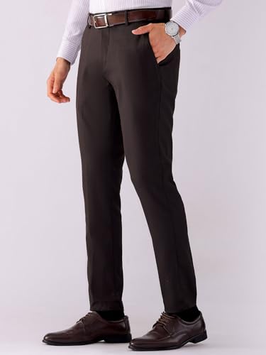 Image of The Indian Garage Co Men Slim Fit Self Design Mid-Rise Stretchable Formal Trousers