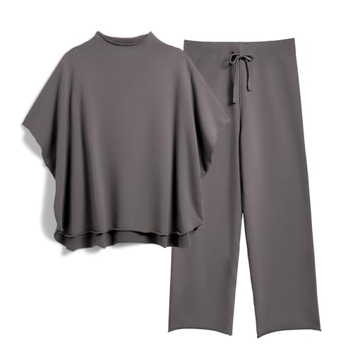 Image of SeeLuNa Women's Two Piece Outfits 3 /4 Batwing Sleeve Capelet Crew Neck Pullover Top Wide Leg Pants Lounge Set