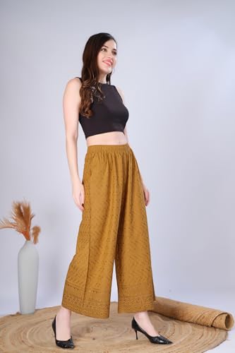 Image of VIVIKA Chikankari Palazzo Pants for Women |Rayon Wide Leg Ethnic Palazo with Embroidery | Comfortable Elastic Waist Women's Palazzo for Casual, Festive & Office Wear