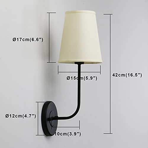 Pathson Set of 2 Rustic Wall Sconces with Light-Yellow Fabric Shade for Bathroom, Bedroom, Living Room (Black)