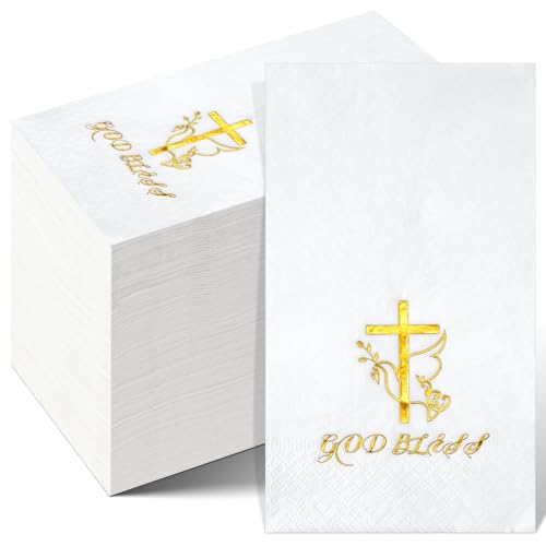 100 Pcs Easter Cross Paper Napkins Disposable Religious God Bless Gold Foil Cocktail Napkins He is Risen Paper Napkin for Easter First Communion Baptism Confirmation Party Supplies Decorations