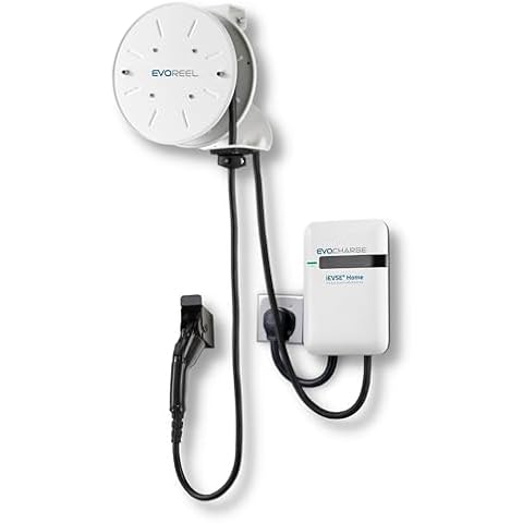 EVoCharge WiFi Level 2 EV Charger with EvoReel 30ft Retractable Cable | 24 Amps Max | 240V, Indoor/Outdoor Use Cover