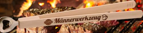 Kaltner Präsente XL Grillzange mit Flaschenöffner aus Fichtenholz | Männerwerkzeug Zange mit Fleischwender + Bieröffner | 30 cm x 3 cm, 1 Stück, Braun