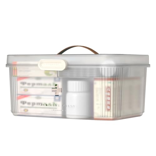 First Aid Medicine Box，First Aid Box Empty with Lid，First Aid Medicine Supplies Bin,Medicine Storage Bin Detachable Tray and Top Handle,Medical Supply Travel Tote Container for Home Decor-White