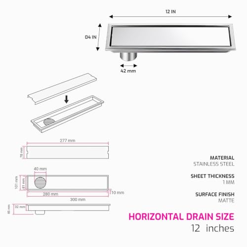 Image of Tile Insert Shower Drain Channel 12 x 4 Inch Invisible Floor Drain with Cockroach Trap 304 Stainless Steel Drain Jali Covered with Collar Side Outlet Compatible with 13mm Tiles