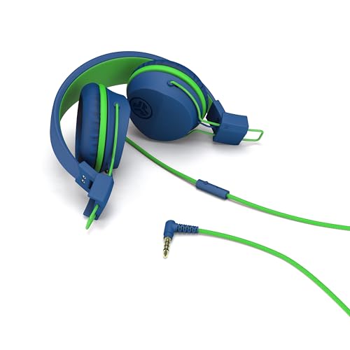 JLab JBuddies Studio On-Ear Kids Wired Headphones, Toddler Headphones, Kid Safe, Studio Volume Safe, Volume Limiter, Folding, Adjustable, Noise Isolation, with Mic (Blue/Green)