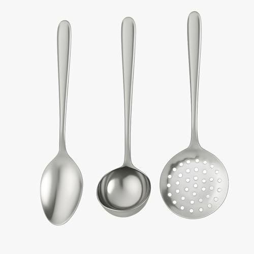 Kit 3 Utensílios de Cozinha Inox Colher De Arroz + Concha + Escumadeira Resistentes e Cabo Ergonômico Minha Casa Buritis
