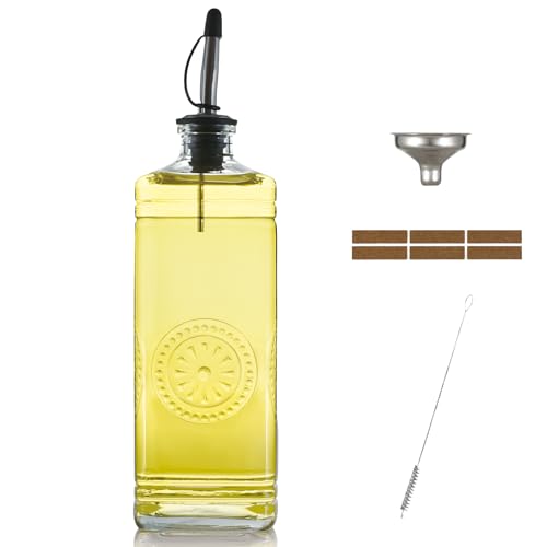 Wongblee 1-Pack Glass Olive Oil Dispenser 500ML/17OZ, Rectangular Vinegar Bottle with Stainless Steel Pourer, Brush, Funnel, Label (Sunflower)