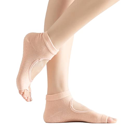 Image of Yoga Pilates Toe Socks Toeless Socks with Grips for Women Non Slip Cushioned Low Cut Ankle Socks for Dance