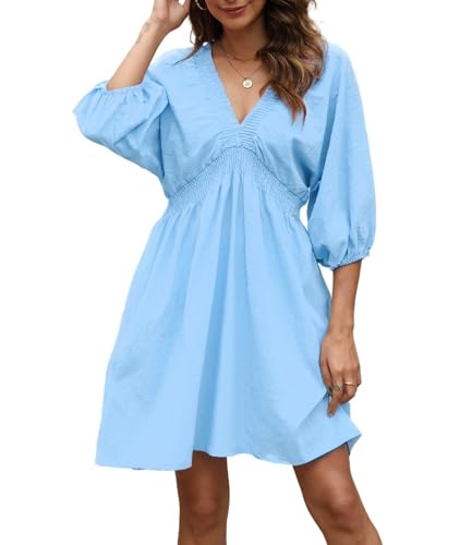 Image of Ladyful Women's Cotton Linen Mini Dress Summer 3 /4 Sleeve Deep V Neck Casual Lining Flowy Tunic Dress Short Sundress