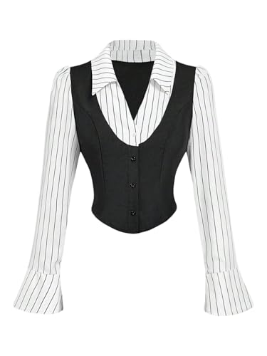 Floerns Women's Striped Button Down Shirts Long Sleeve Collar V Neck...