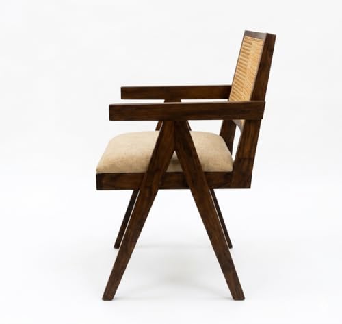 Image of WELL KNOWN Solid Sheesham Wood Arm Chair with Cushion & Cane Back Support | Wooden Armchair for Living Room Bedroom Balcony | Indoor Outdoor Wooden Accent Chair Furniture (Teak Finish)
