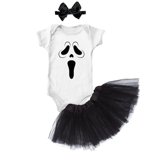 Tcombo Slasher Movie Mask - Ghost Baby Bodysuit + Tutu Skirt + Bow Headband Set (White Bodysuit/Black Tutu 6 Months)