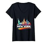 Mujer Estatua de Recuerdo de Viaje con el Horizonte de la Ciudad de Nueva York Camiseta Cuello V