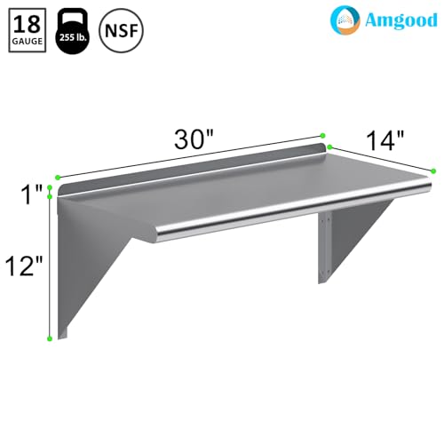 Image of AmGood 14 in. x 30 in. Stainless Steel Wall Shelf | NSF | Metal Shelving | Garage, Laundry, Storage, Utility Room | Restaurant, Commercial Kitchen
