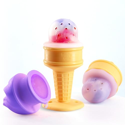 Image of Smily Mia Baby Fruit Food Feeder & Freezer Teether Combo, ICY Bite Ice Cream Teether for Baby Cooling Relief, BPA Free Silicone Feeder for Safe Infant Self Feeding, 3 Month+,Purple