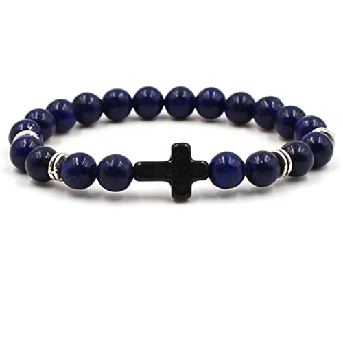 Bracelet Élastique en Pierre de Lave 8 mm et Croix Noire - Le Cadeau Idéal pour Homme