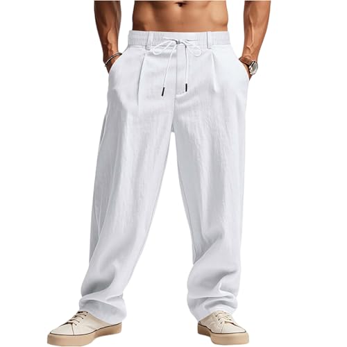 lcyhony Linen Pants for Men Loose fit Elastic Waist Drawstring Beach Pants Lightweight Summer Yoga Casual Pant with Pockets2