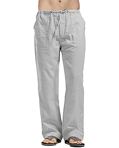 YAOHUOLE Lässige Herren Baumwoll Leinen-Hose Klassische Leinen Freizeithose Herren Grau XL Cover
