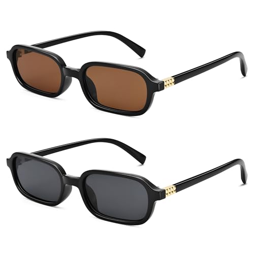 Hycredi Retro Rectangular Sunglasses for Women - Trendy Small Square Frame 90s Style Sun Narrow Glasses