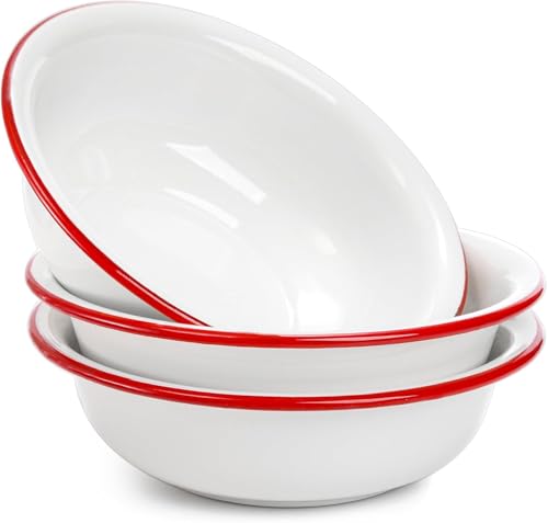 Image of Elsjoy 3 Pack 8 Inch Enamel Bowl, 34 Oz Large Enamel Mixing Bowl Reusable Enamel Salad Bowl, Vintage Red and White Enamelware for Soup, Fruit, Pasta