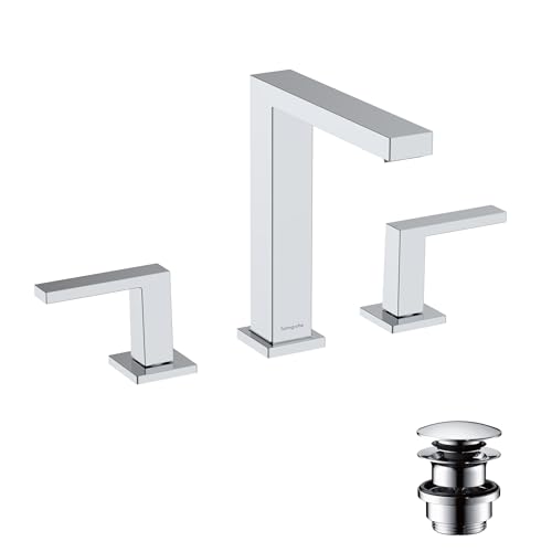 hansgrohe Tecturis E - 2-Loch Waschtischarmatur mit Push-Open Ablauf, Wasserhahn Bad mit Auslauf Höhe 173 mm, Mischbatterie Waschbecken wassersparend (EcoSmart+), Chrom, 73030000