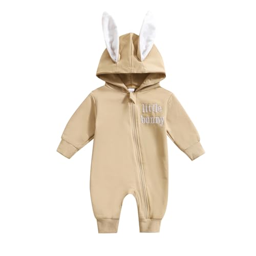 Image of Guodeunh Newborn Baby Boy Easter Romper Solid Color Bunny Ears Hooded Zipper Jumpsuit My First Easter Outfit