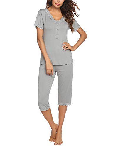 Ekouaer Womens Capri Pjs Sets Soft Pajama Button Up Nursing Short Sleeve Summer Nightwear Set Grey M