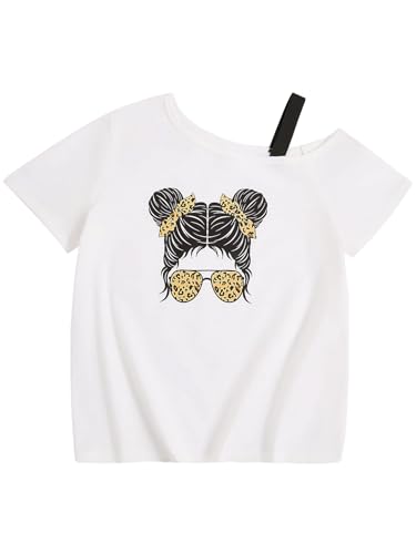 SHENHE Girl's Summer Graphic Tee Cut Out Shoulder Short Sleeve Asymmetrical Tshirt Top