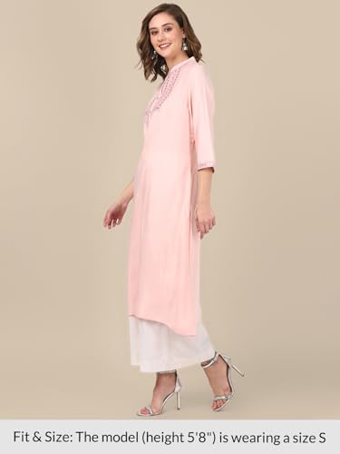 Image of rangita Women's Rayon Relaxed Fit A Line Calf Length Embroide A-Line Kurti | Kurta