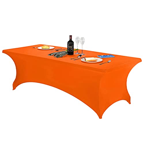 Image of FORLIFE Spandex Table Cover - Fitted 8ft Rectangular Tablecloth, Stretch Patio Cover, Universal for Wedding, Banquet, Party (Orange)