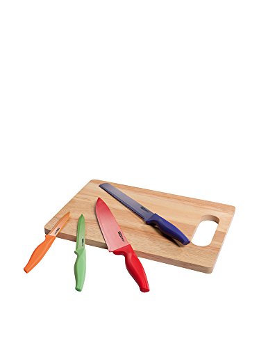 Kitchen Artist 1 Planche À Découper 4 Couteaux Couleur Planche À Découper En Bois, 4 Couteaux Lames Colorées, 1 Couteau À Pain Lame 19 Cm, 1 Couteau De Chef Lame 19 Cm, 1 Couteau De Découpe Lame 11,5 Cm, 1 Couteau À Éplucher Lame 8,5 Cm, Manches En Plastique Pp purple orange green red