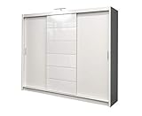 Kleiderschrank Malibu Schlafzimmer 3 Türiger Schwebetürenschrank Schrank mit Kleiderstange 8 Einlegeboden Spiegel und 2 Schubladen Weiß Schiebetür