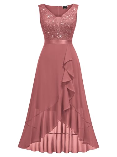 Image of Miusol Women's Vintage V-Neck Sleeveless Sequined Floral Lace Ruffle Split Evening Party Dress | Deep V-neck, sleeveless, sequin lace, ruffle design dress, suit for cocktail party, wedding and banquet