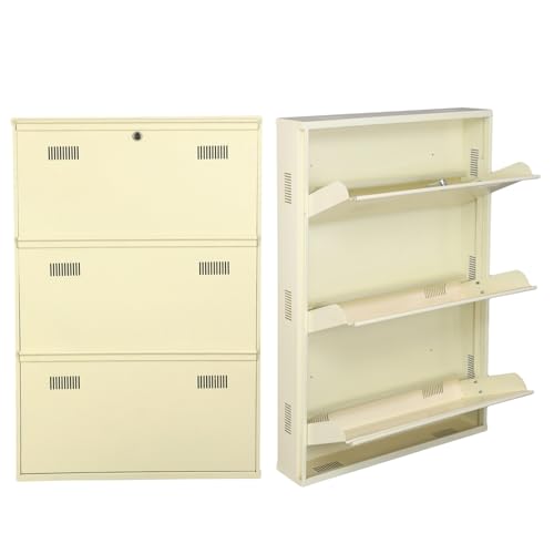 Image of Metal Shoe Rack Wall Mounted for Home with Central Locking |3 Door 28 inch Wall Mounted Metal 9 Pair Shoe Rack Cabinet | Pre-Assembled Rack Shelves |3 Year Warranty (Ivory)
