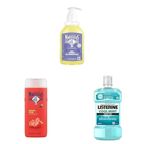 Le Petit Marseillais El Yıkama Jeli (Saf Sabun & Lavanta 300 ml) + Duş Jeli (Organik Akdeniz Çileği Le Petit Marseillais 400 ml) + Listerine Cool Mint Ağız Bakım Ürünü (Hafif Tat, 500 ml)