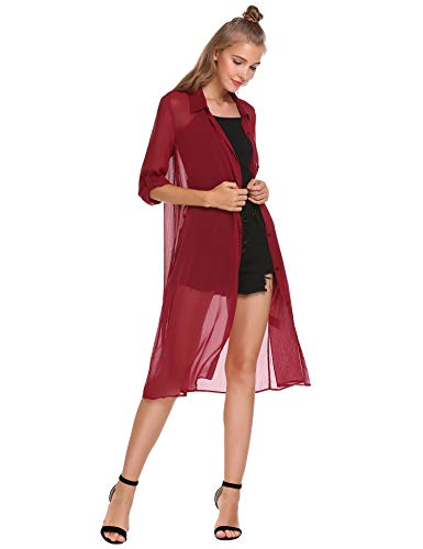 Zeagoo Women's Long Sleeve Open Front Long Chiffon Cardigan Roll Up Sleeve Button Shirt Top, Wine Red, Xxx-Large #TOP1