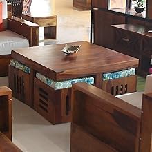 Image of WELL KNOWN Solid Sheesham Wood Round Shape Folding Coffee Table, Center 1 Table for Indoor & Garden Outdoor, Fold-Away Coffee tee (Natural Finish with 4 Stool)