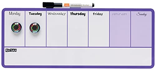 Nobo - Mini Tableau Agenda Semainier Magnétique, Effaçable à Sec, Mural, Porte-Marqueur Intégré, Marqueurs & Aimants Inclus, 360 x 140 mm, Violet, 1904048