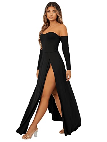 Sweatyrocks Women's Elegant Off Shoulder Double High Slit Long Sleeve Dress A Line Maxi Dresses Black M #TOP4