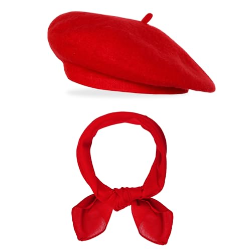 mifengda 2pc Classic Beret Hats for Women French Beret Hats Costume Accessories Red Painter Artist Costume Cap with Scarf for Women Men(Red)