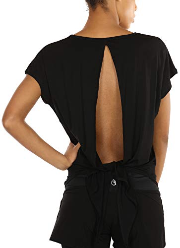 icyzone Damen Rückenfrei Yoga Top Fitness Sport Kurzarm Shirt Oberteil Casual T-Shirt Loose Fit (XL, Black)