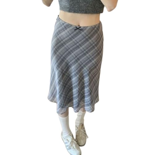 Aesthetic Plaid Midi Skirt Checkered Skirt Blue Bow Skirt Casual Everyday Wear Color Block