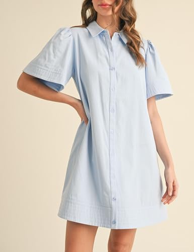 Image of Womens Short Sleeve Button Down Mini Shirt Dress Lapel Collar Short Dresses with Pocket