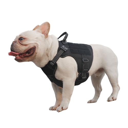 ICEFANG Tactical Dog Harness,2X Metal Buckle,Working Dog MOLLE Vest with Handle,No Pulling Front Leash Clip,Hook and Loop Panel (Small (Pack of 1), Reflective Black)