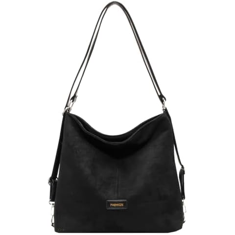 RUNSOON Suede Leather Hobo Bags Convertible Tote Bag Backpack Purse Crossbody Shoulder Handbag for Women with Zipper, 06 Black Cover